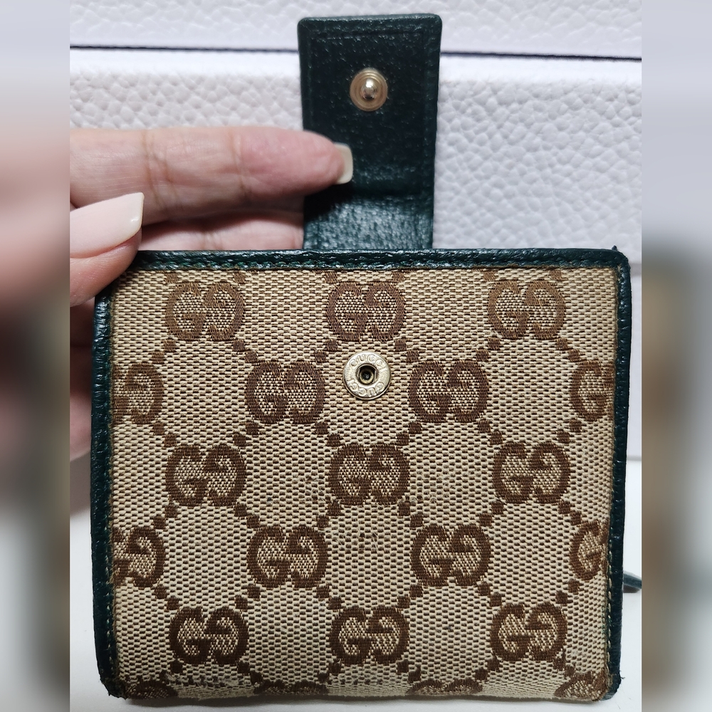 Gucci GG Canvas and Green Leather French Coin Purse Wallet